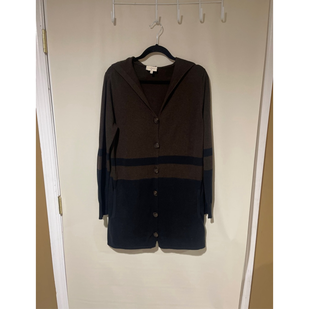 NWOT Women's Project Brown Navy Blue Striped Hooded Button-Front Long Cardigan M